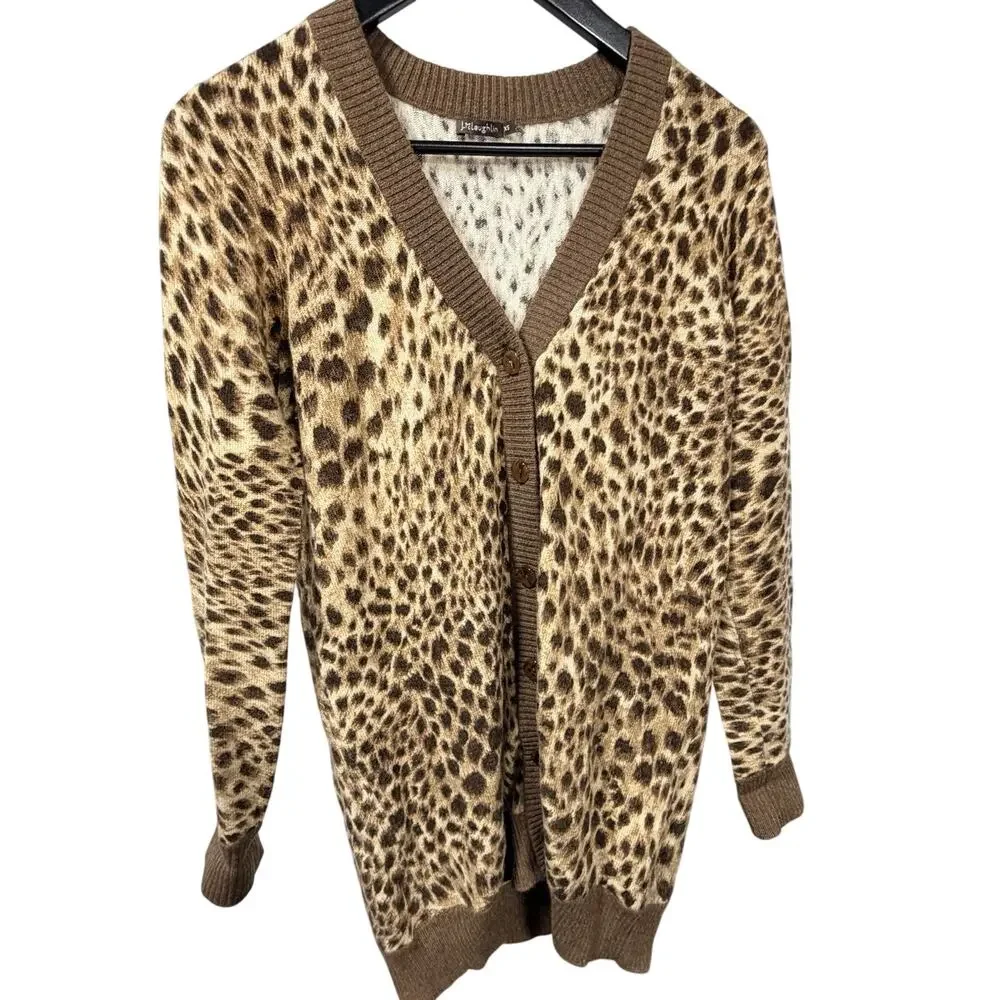 J.McLaughlin 100% Cashmere Cardigan Sweater XS Leopard Animal Print Long V-Neck